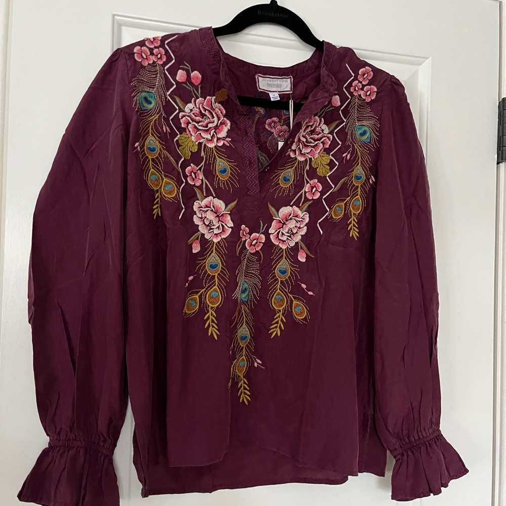 New Johnny Was Quito Victorian Prairie Blouse Small Grape Wine Sundance Silk